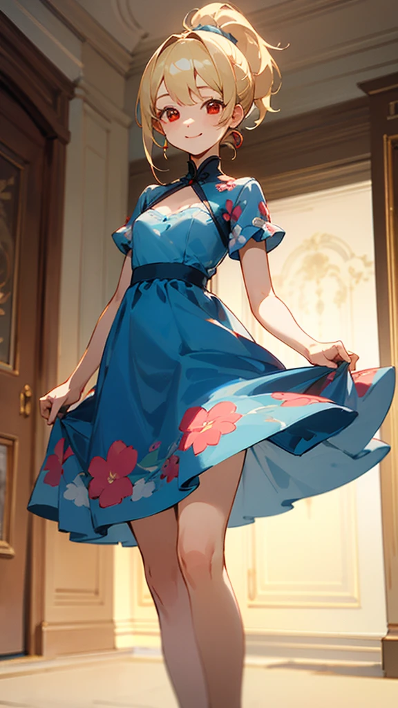 Highest quality、 girl standing in a room、High resolution、Beautiful details、Quiet atmosphere、Small breasts、Blonde ponytail、Round red eyes、Cute Smile、wearing a blue floral dress