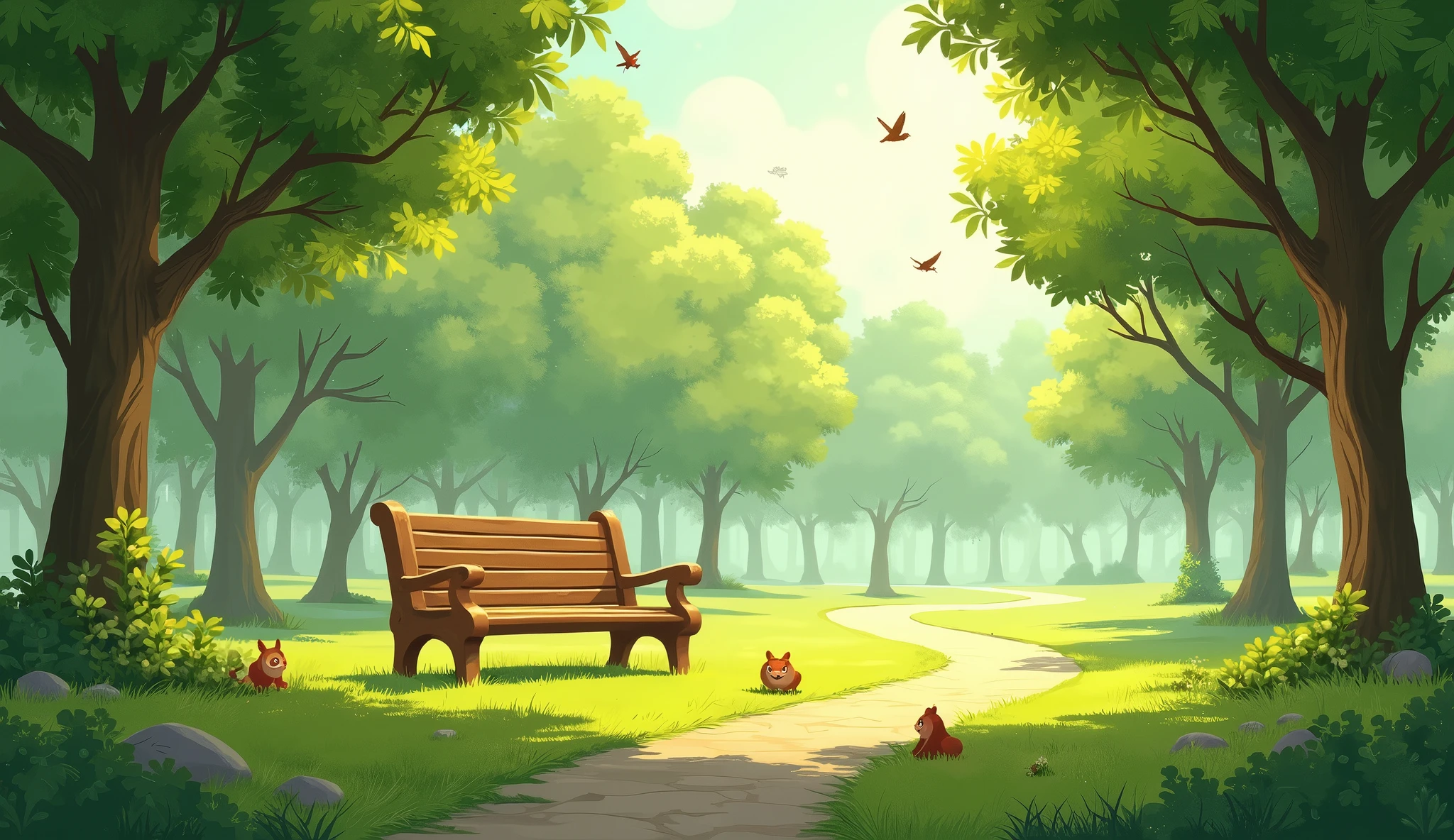 A big Green park with no loving creature other than cute squirrels, many walnut trees, A Way in the middle. In the middle clean fresh grassy area there is a lone bench wet and occupied by moss. Morning dews. Realistic. a Ray Of Sunlight passing through trees and reflecting the bench. Some Little birds on trees. purely calm realistic environment.