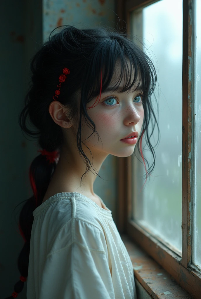 pretty teenager, blue colored eyes, freckles, black hair with red highlights, white clothes, looking out the window of an orphanage