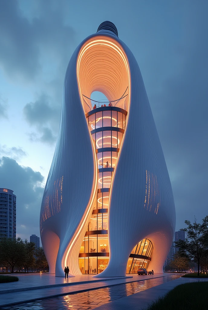 Modern hotel building in a shape of a light bulb. It has a unique design and nice lights. Show the exterior of it.