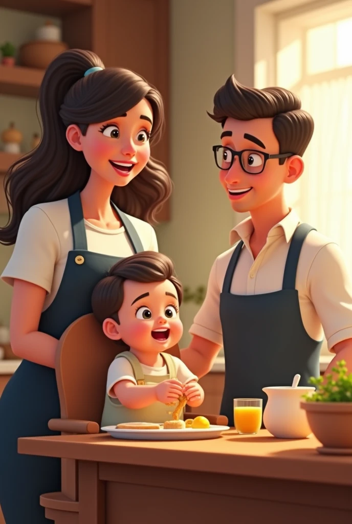 animated mom with a dark brown wavy hair and dad with glasses, both wearing a white shirt and a dark blue apron preparing a breakfast while the baby is sitting on a brown high chair, giggling and drooling