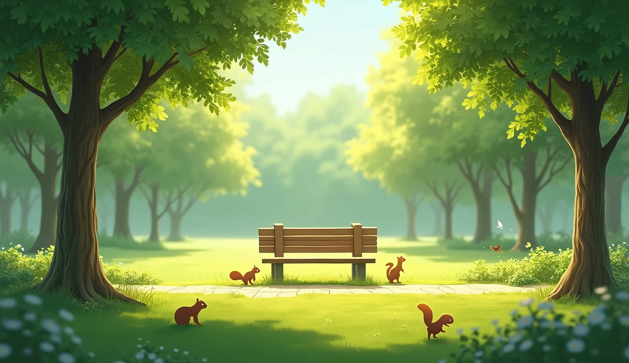 A big Green park with no loving creature other than cute squirrels, many walnut trees, A Way in the middle. In the middle clean fresh grassy area there is a lone bench wet and occupied by moss. Morning dews. Realistic. a Ray Of Sunlight passing through trees and reflecting the bench. Some Little birds on trees. purely calm realistic environment.