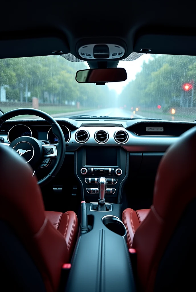 I want the photo of interior of mustang gt from the front seat during the rain