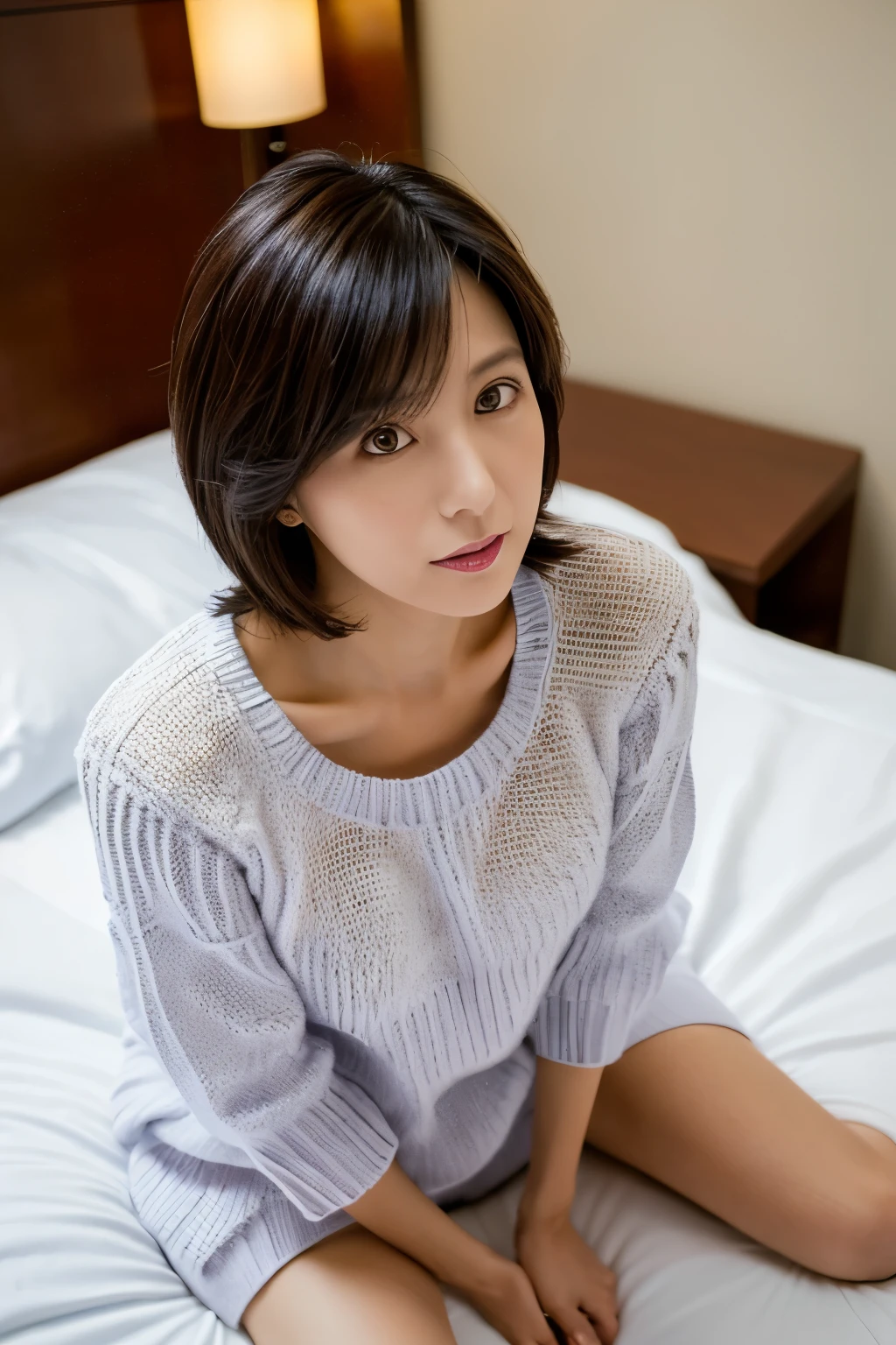 Masterpiece, High quality, Ultra-high resolution, 8K, Realistic, (Intricate details: 1.2), A Japanese woman, 40 years old, short hair, cute face, detailed face, beautiful eyes, detailed eyes, slender body, hourglass figure, anatomically correct body structure, (wearing a loose knit camisole next to the skin: 1.4), obscene pose, looking into the camera. a photo captured on a bed in a hotel room, white walls, Top view photo, full-body photo
