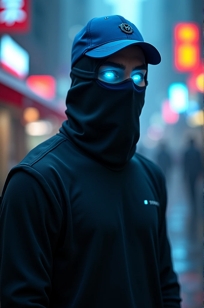 I want a male character with a blue cap, black mask, blue lights coming out of his eyes, black long-sleeved shirt