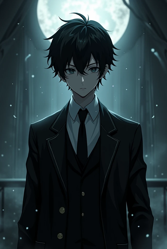 anime,black hair,male,Lab coat Black,tie,Dark circles around the eyes,black ground fantasy


