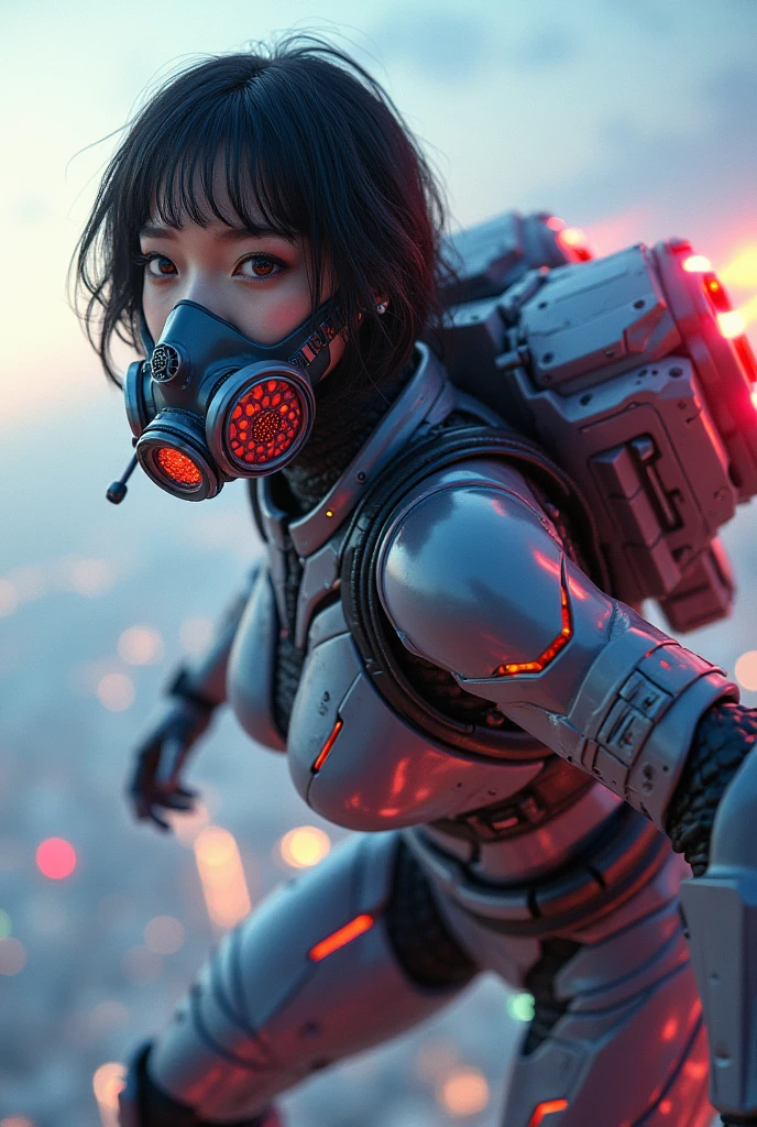 photo-realistic, ultra-realistic, very beautiful Japanese, famous Japanese idol, 20 years old, dramatic scene, masterpiece, beautiful eyes, (extremely intricated with extremely complex futuristic cyber punk mecha armored full-face gas mask:1.5), (wearing extremely intricated with complex multi-layered cyber punk mecha armored tight fitting bodysuits with neon marker:1.3), (She uses the ultra high power rocket engine on her back to flying high speed in the sky:1.5), amazing view from sky, (surprising), acrobatic pose, dynamic angle, (shoot from behind), Nimble movements, Sharp turns