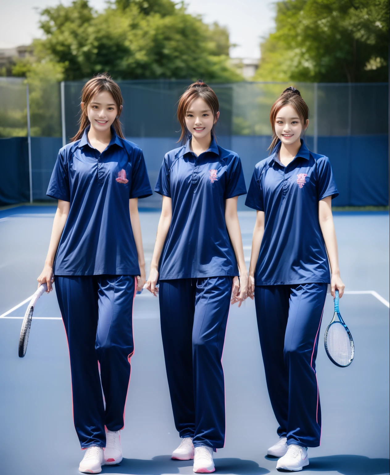 3 girls play tennis at tennis courts, Navy blue short-sleeved shirt,Navy Long Trackpant,Sweatpants, Sweatpantsขายาว,25 year old girl, lesbian, sexy, exercise clothes, wet body, exercise clothes