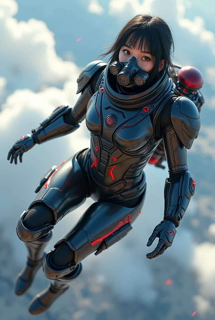 photo-realistic, ultra-realistic, very beautiful Japanese, famous Japanese idol, 20 years old, dramatic scene, masterpiece, beautiful eyes, (extremely intricated with extremely complex futuristic cyber punk mecha armored full-face gas mask:1.5), (wearing extremely intricated with complex multi-layered cyber punk mecha armored tight fitting bodysuits with neon marker:1.3), (She uses the ultra high power rocket engine on her back to flying high speed in the sky:1.5), amazing view from sky, (surprising), acrobatic pose, dynamic angle, (shoot from behind), Nimble movements, Sharp turns