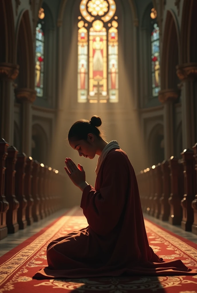 Make me an ultra realistic image now, com qualidade 8k. Where the image represents a person with unshakable faith. And that shows in an act of prayer 

