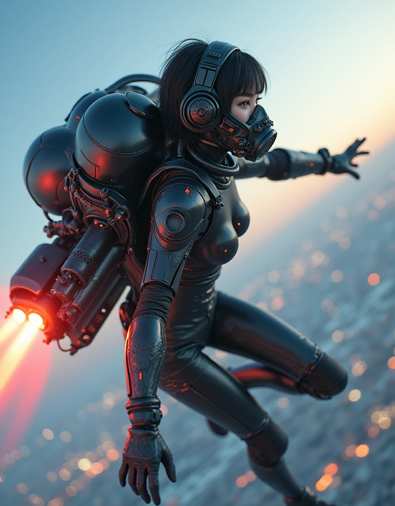 photo-realistic, ultra-realistic, very beautiful Japanese, famous Japanese idol, 20 years old, dramatic scene, masterpiece, beautiful eyes, (extremely intricated with extremely complex futuristic cyber punk mecha armored full-face gas mask:1.5), (wearing extremely intricated with complex multi-layered cyber punk mecha armored tight fitting bodysuits with neon marker:1.3), (She uses the ultra high power rocket engine on her back to flying high speed in the sky:1.5), amazing view from sky, (surprising), acrobatic pose, dynamic angle, (shoot from behind), Nimble movements, Sharp turns