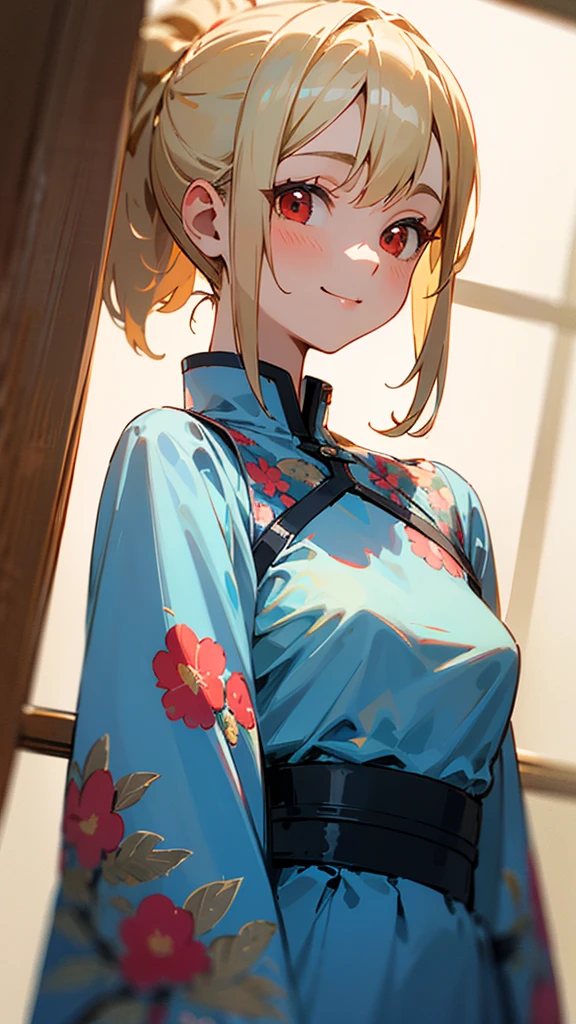 Highest quality、Teenage girl standing in a room、High resolution、Beautiful details、Quiet atmosphere、Small breasts、Blonde ponytail、Round red eyes、Cute Smile、wearing a blue floral dress、Upper body close-up、