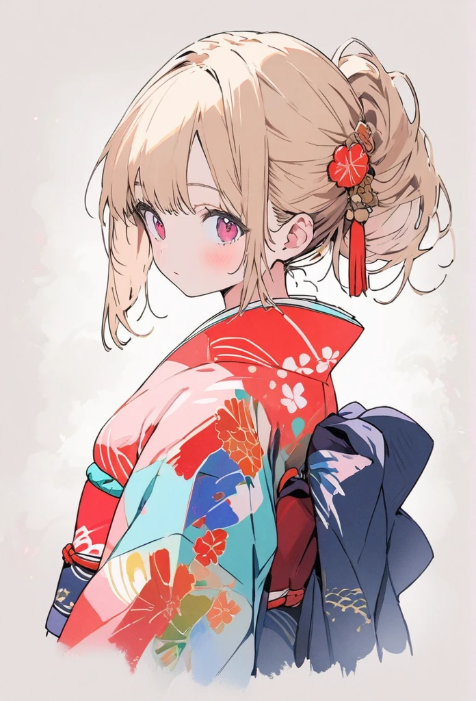 cute girl, flatcolor, line art, pop art, pop illustration, watercolor, clear, beautiful detail, japanese cloth, chibichara, fullbody, cute illustration, beautiful detail, best quality, top quality, ultra detailed, masterpiece, beautiful detail