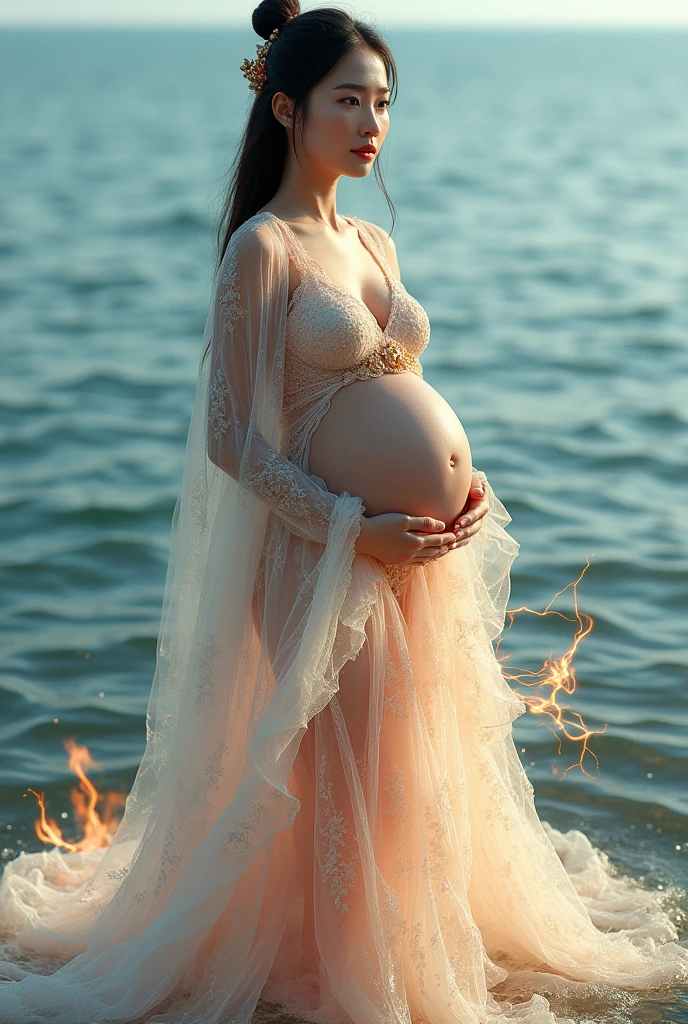Vietnamese pregnant woman with huge breasts,full body shot , wearing a dress made of water, At the sea, wearing a gorgeous dress, gorgeous dress, intricate dress, elegant fire dress, gorgeous and elegant, lavish dress, inspired by Hedi Xandt, gorgeous dress, intricate dress, gorgeous royal dress, gorgeous clothes, gorgeous dress, intricate and elegant, dress with many intricate details, gorgeous, high heels, royal dress, detailed hands, Fire in the body, water on the dress, lightning element, fire element, lightning wings, full water, Transparent clothes, masterpiece, best quality: 1.2),, (8k, high resolution, RAW photo, realistic, realistic photo: 1.3), (detailed skin texture, detailed fabric texture, detailed water, texture, beautiful detailed face: 1.25), professional lighting, photon mapping, lighting beautiful soft light, radioactivity, physically based rendering, ray tracing, model shooting style, model shooting style, (ultra detailed 8k unity CG wallpaper), the most beautiful full body art in the world,