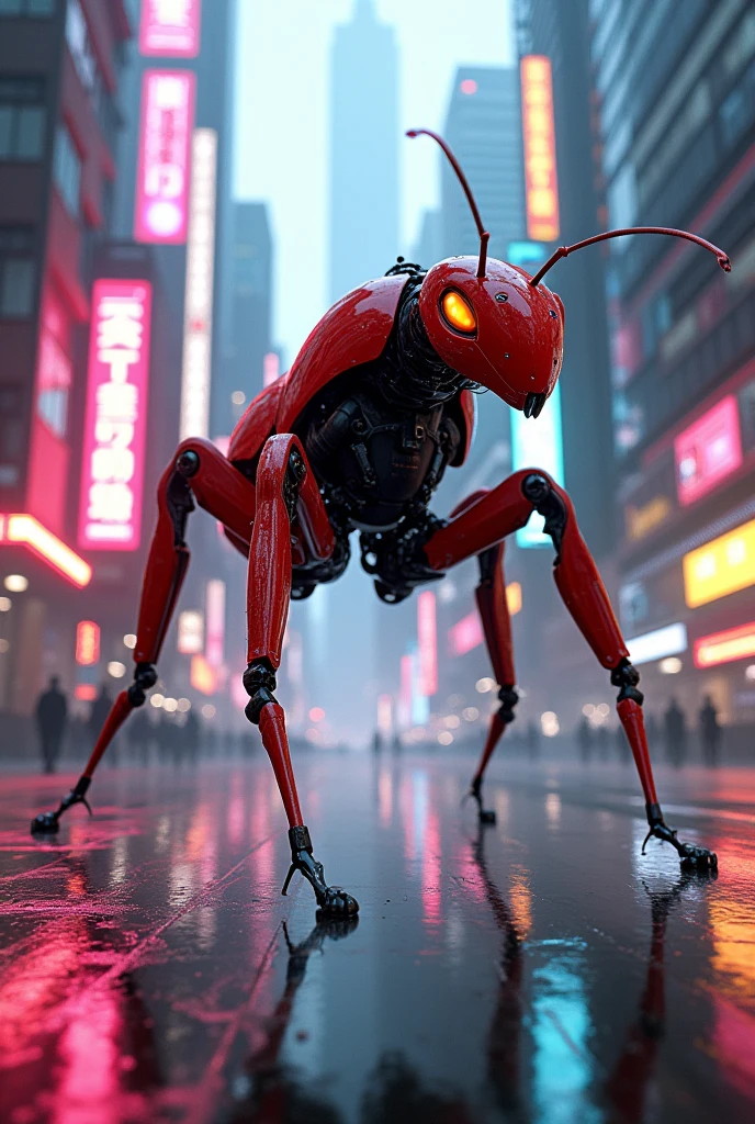Red fire ant 2 leg robot shot neon light city