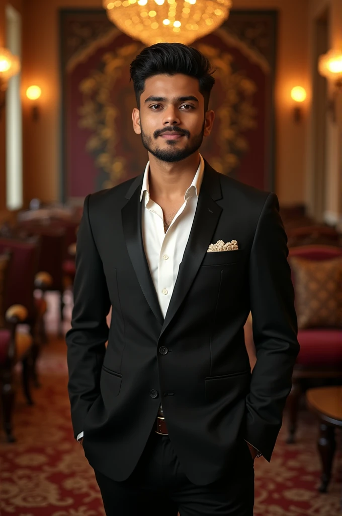 18 year old Indian boy handsome wearing formals posing for Nadeem beautiful party room in background