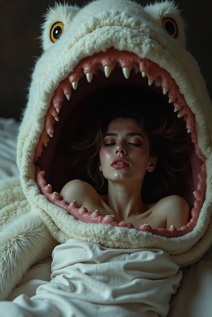 Femme sexy terrifier sur son lit avec un plaid fausse fourrure en forme de bouche qui l'attaque et l'engloutit on ne voit que c'est pied la femme se débat