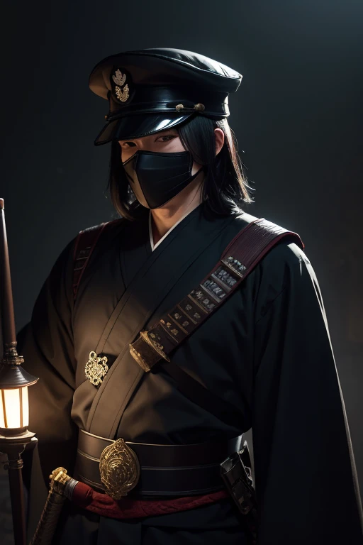 yukata,fullfacemask,mascared,military cap,holding sword,male,old,black mantle,cool,black google,