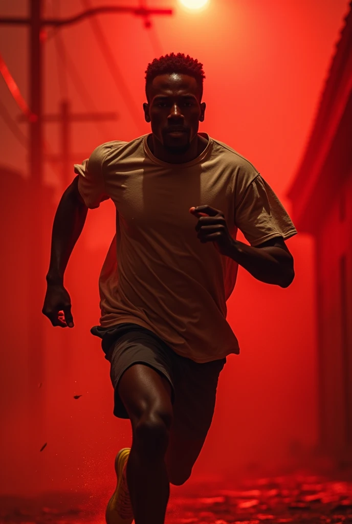 Real f black man((realistic)), He wear broken T-shirt ((high detail)), he is running ((masterpiece)), using a dynamic camera angle and dynamic pose, his atmosphere is a red tone