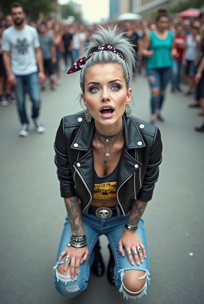 russian milf woman, grey hair (ponytail) and bandana as headband (big maxi glasses), with very light blue eyes, extremely pale. Wearing cropped black moto jacket with lots of zippers and pins, raggy cropped t-shirt with guns and roses logo, dark skinny blue jeans with worn knees and black Chelsea boots with cuban heels. Chokers . Lots of metallic bracelets and collars. Tacky wide leather belt with oversized skull  buckle. Long earrings. Kneeling like in a payer, a little bent, looking up, eyes and mouth wide open in amazement. Hands on her knees. Listening in amazement to somebody speaking to her, toned six pack abdominals, thin legs and thin arms. A lot of people around