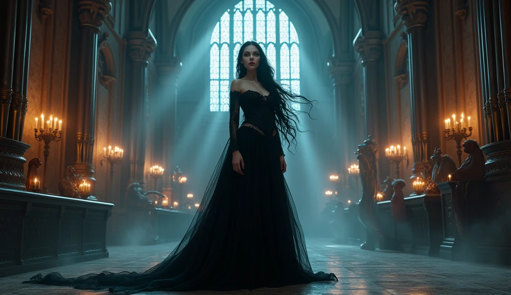 A seductive vampire queen with flowing dark hair and piercing red eyes stands in the grand hall of a gothic castle. The moonlight filters through tall stained glass windows, casting eerie shadows as she plays a haunting melody on a grand pipe organ, surrounded by glowing candles and ancient musical instruments. Aim for realistic depiction, make sure photos are at highest resolution (8K)