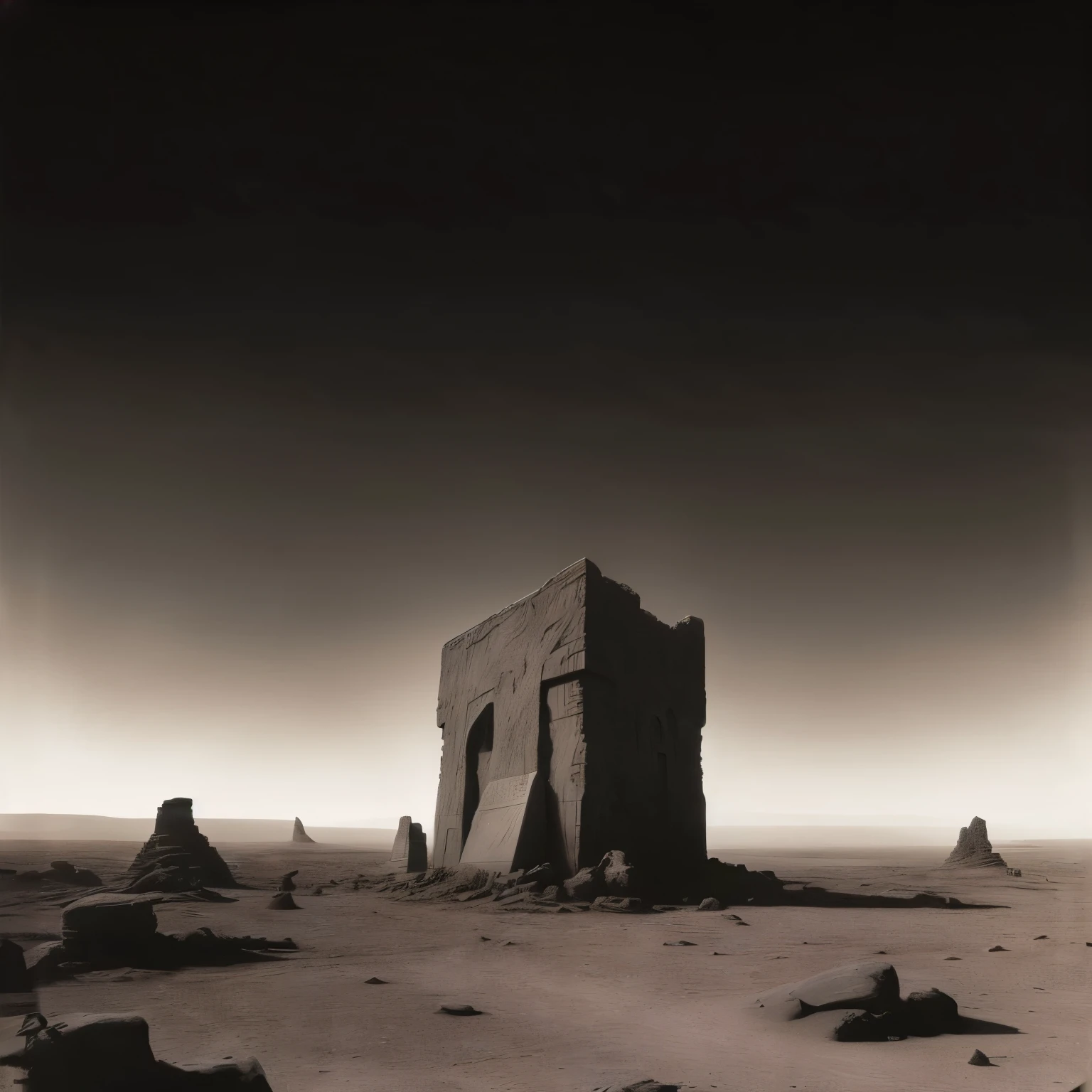 there is a lone rock in the middle of a desert, misha gordin, desert temple, wayne barlowe pierre pellegrini, zdzislaw beksisnski, somewhere in sands of the desert, beksisnski, kris kuksi, nadav kander, dark ruins landscape, sahara, inspired by Michal Karcz, by Allan Linder