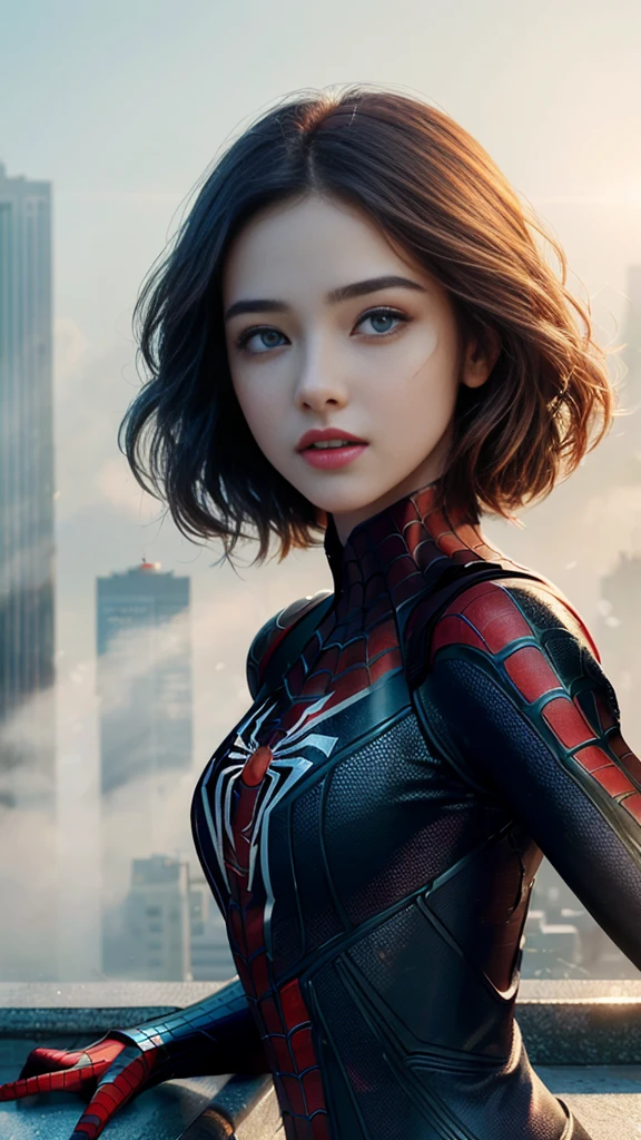 (1girl:1.3), Solo, (((Very detailed face)))), ((Very detailed eyes and face)))), Beautiful detail eyes, Body parts__, Official art, Unified 8k wallpaper, Super detailed, beautiful and beautiful, beautiful, masterpiece, best quality, original, masterpiece, super fine photo, best quality, super high resolution, realistic realism, sunlight, full body portrait, amazing beauty, dynamic pose, delicate face, vibrant eyes, (from the front), She wears Spider-Man suit, red and black color scheme, spider, very detailed city roof background, rooftop, overlooking the city, detailed face, detailed complex busy background, messy, gorgeous, milky white, highly detailed skin, realistic skin details, visible pores, clear focus, volumetric fog, 8k uhd, DSLR, high quality, film grain, fair skin, photo realism, lomography, futuristic dystopian megalopolis, translucent