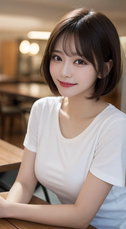 Tabletop, Highest quality, shape, Very detailed, In detail, High resolution, 8k wallpaper, Perfect dynamic composition, Beautiful attention to detail, Natural Lip, White T-shirt, Small breasts, Random sexy poses,Super Short Hair,RAW Photos,Cute🩷,smile,Blurred Background