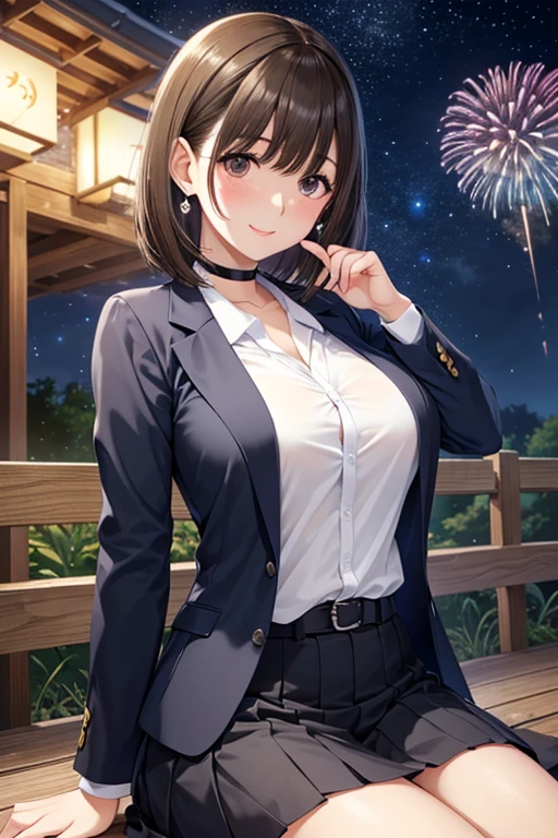 anegasaki nene、Shiny brown hair, short hair, (Beautiful brown eyes、Sparkling eyes, Fine grain)、smile、Ultra-detailed eyes、Very detailedな顔, Very detailedな目,Cowboy Shot、
A park where you can see giant fireworks illuminating the night sky:1.2、Fireworks in the night sky,
, In a park rich in nature、(((Masterpiece of sexy pose))), ((Highest quality)), ((Complex)), ((Surreal)), Cute adult woman, Mature Woman, perspective, Very detailed,
Perfect hands, Finger details, Beautiful and beautiful eyes, short hair, Brown eyes, (suit:1.2), Open Office Shirt,Tight Skirt,Black choker,Earrings,Detailed Background,Perfect Eyes,Captivating eyes,Looking at the audience, From below, A vinyl sheet is spread out under a tree illuminated by the light of lanterns.、I sat cross-legged.,blush,
