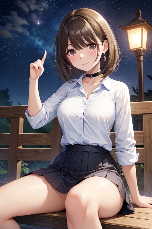 anegasaki nene、Shiny brown hair, short hair, (Beautiful brown eyes、Sparkling eyes, Fine grain)、smile、Ultra-detailed eyes、Very detailedな顔, Very detailedな目,Cowboy Shot、



A park where you can see giant fireworks illuminating the night sky:1.2、Fireworks in the night sky，
, In a park rich in nature、(((Masterpiece of sexy pose))), ((Highest quality)), ((Complex)), ((Surreal)), Cute adult woman, Mature Woman, perspective, Very detailed, 
 Perfect hands, Finger details, Beautiful and beautiful eyes, short hair, Brown eyes, (suit:1.2), Open Office Shirt，Tight Skirt，Black choker，Earrings，Detailed Background，Perfect Eyes，Captivating eyes，Looking at the audience, From below, A vinyl sheet is spread out under a tree illuminated by the light of lanterns.、I sat cross-legged.，blush，