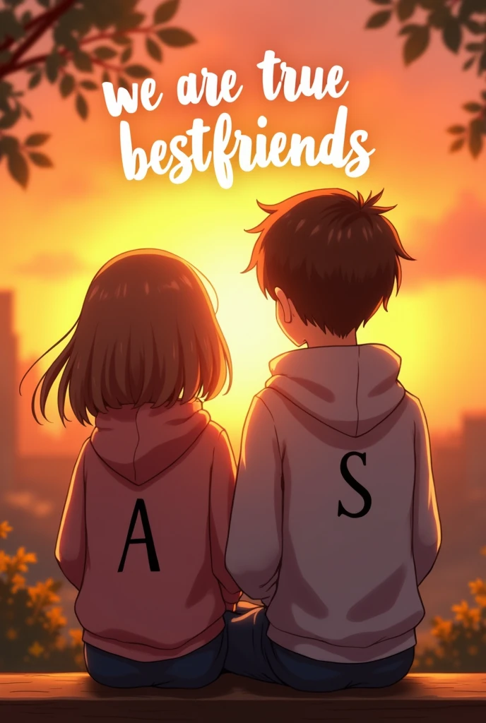 A short girl with a boy both wearing same hoody, both together seating on bench at a time of sunset, test written in sky that ' We are true Bestfriends ', on girl hoody write A and on boy hoodie Write S