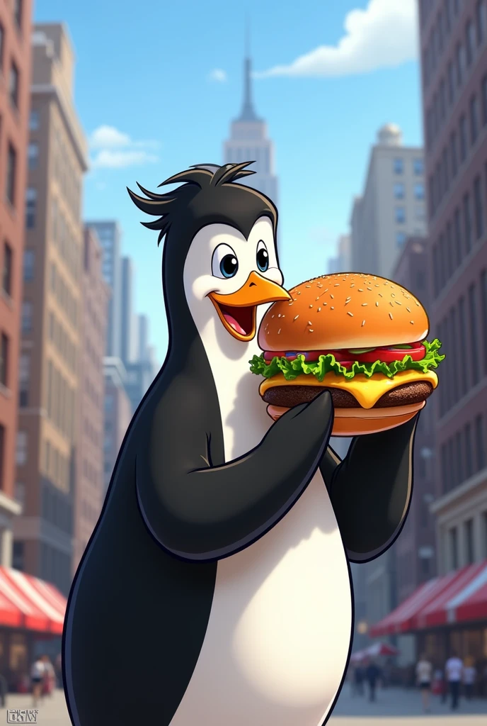 "Skipper, the leader of the penguins of Madagascar, with his black and white suit, taking a bite out of a large cheeseburger in his right hand, looking straight ahead, Expression of satisfaction, cartoon style, New York City Background"