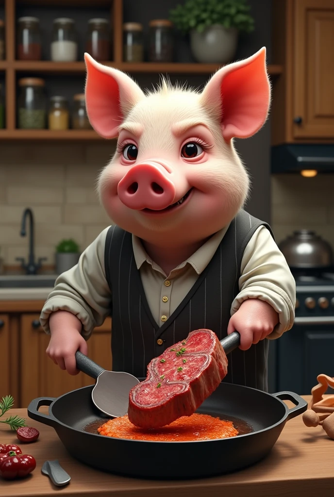 Pig frying a steak in a realistic style