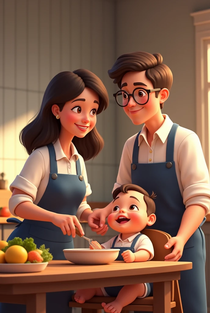animated mom with a dark brown wavy hair and dad with glasses, both wearing a white shirt and a dark blue apron preparing a breakfast while the baby is sitting on a brown high chair, giggling and drooling
