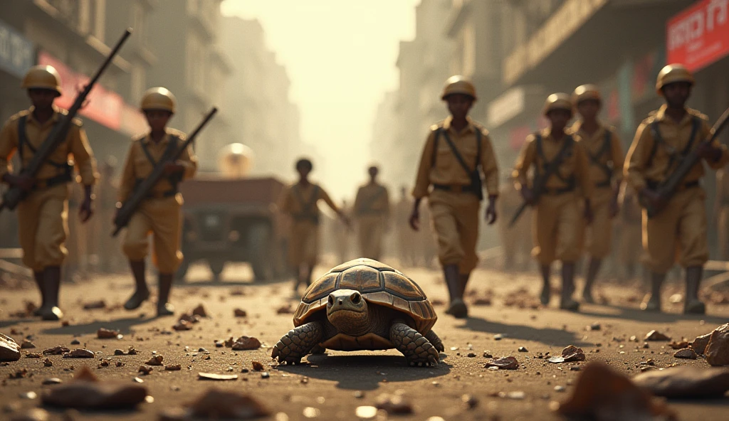 a tortoise hardly bigger than human palm. is running through a massive street fight happening on street between British police and citizen of pre independence era in India. the tortoise is the hero of this story. 4 kidsboys and one girl are his friend. the freedom fighter are involved in this street fight.