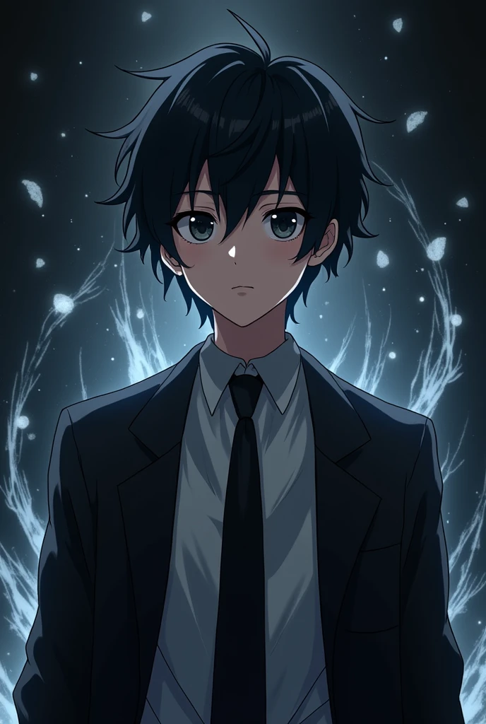 anime,black hair,male,Lab coat Black,tie,eyes bags,black ground fantasy

