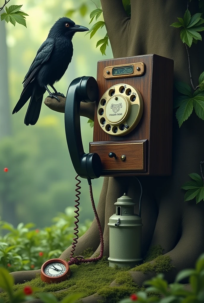 A telephone ringing on tree and a crow sat on telephon. Cylinder is under the tree. Compass is roaming