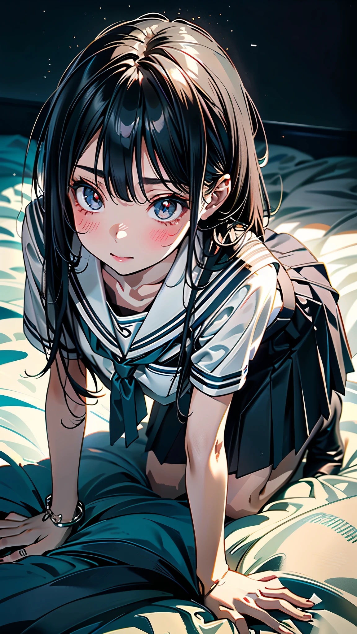 (8k, RAW Photos, 最high quality, masterpiece:1.2), high qualityのRAWカラー写真, Professional photo shoot, Cinematic Light, night、Late night、alone, (((young woman, Gal))), (Sharp features), (Small face), (Skin with attention to detail:1.2), clavicle, Cute Face, Beautiful appearance, Long eyelashes,turn around少女, smile, (Black Hair, Long straight line), high school student, Green tie, Navy knit vest、, White shirt,Roll up your sleeves、bracelet ((Mini Pleated Skirt)), Bedroom, Embarrassing, sad, Artistic painting,Attractive thighs, White socks、(Very nice touch:1.2), (Watery eye), sad雰囲気, Oil painting style, Dark colors, (Lie face down on the bed)(((Pay attention to the butt))), Smooth texture, Beautiful Skin, Glowing Skin, ((Perfect Fingers, Five Fingers, Anatomically correct)), Background Blur, high quality, Surreal, ((Very detailed, photo shoot)),,View from above、blush、、Embarrassing、Embarrassing、blush、please put your hands on the ground、(turn around、Show your ass to the audience),((Accentuate your butt))、Sleep on your back、(((On all fours)))、((Backwards))