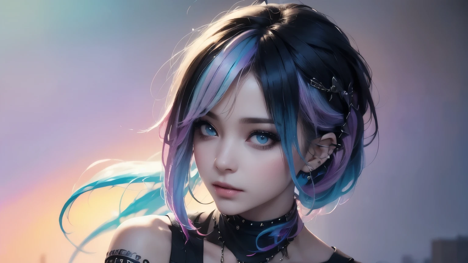 (punk girl:1.4), trout hair style, beautiful symmetrical eyes, (Gorgeous gradient hair:1.5), (intricate details:1.2), (very detailed face and eyes:1.2), what makeup, (dark circles:1.1), Midnight Aura, City street background, Sitting photo pose, side view, full body photo, (delicate image), (RAW photos: 1.2), (realistic: 1.6), (very detailed), (high resolution), (best quality), (masterpiece)
