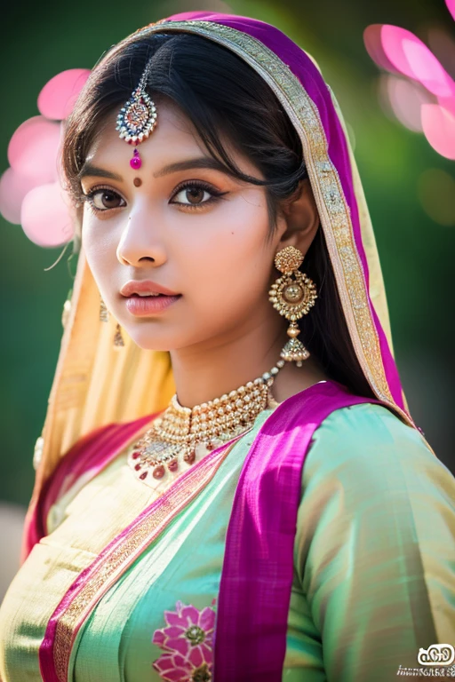 a teenager Indian girl, , in a traditional indian wedding dress,detailed face with heavy makeup, bright pink lips, smkoey eyeshadow, long eyelashes, long hair with bangs, facing forward,upper body shot, center of screen, highly detailed, photorealistic, vivid colors, cinematic lighting, dramatic atmosphere, beautiful lush garden scenery, wide hips, thick thighs, big breasts, (best quality,4k,8k,highres,masterpiece:1.2),ultra-detailed,(realistic,photorealistic,photo-realistic:1.37),HDR,UHD,studio lighting,sharp focus,physically-based rendering,extreme detail description,professional,vivid colors,bokeh,portraits