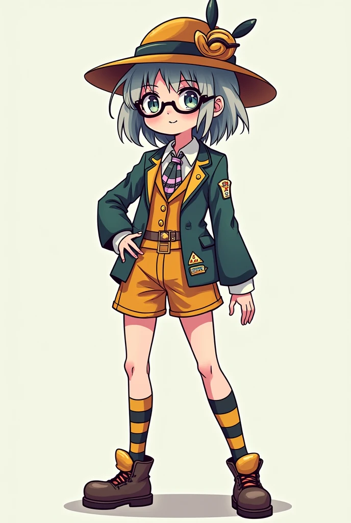 Light hired woman in weird suit, interesting shorts, stripey kneesocks with weird hat and different shaped glasses anime