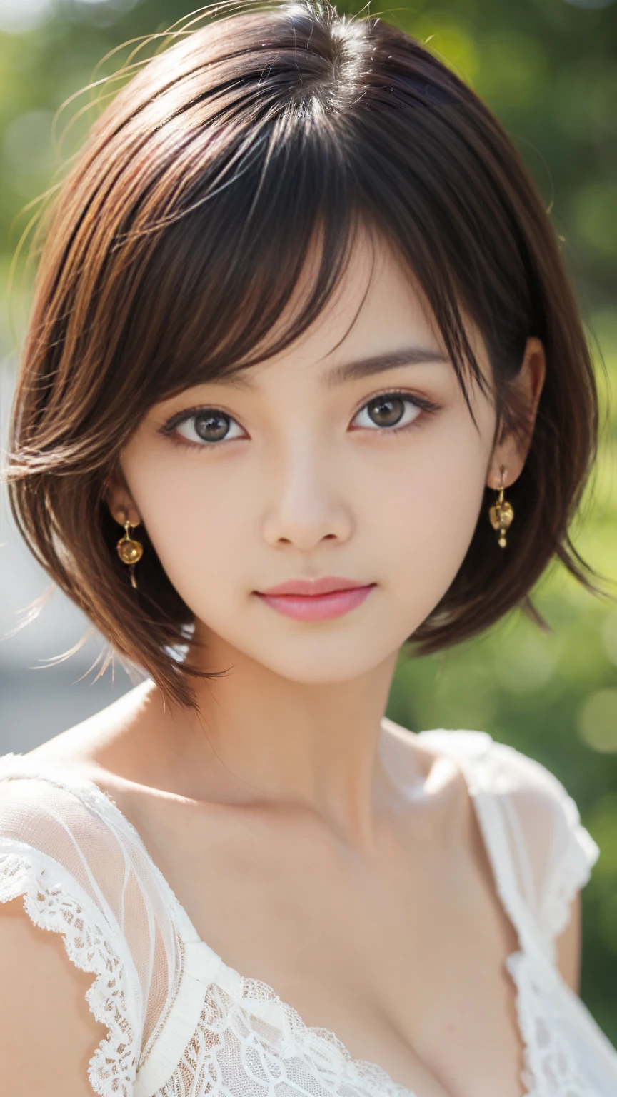 masterpiece，(Photorealistic:1.2)，(Highest quality:1.2)，Highest quality，(Ultra high definition:1.2)，RAW Photos，Tabletop，Very cute Japanese girl，Amazingly cute face，Detailed face，Detailed eyes，Beautiful Eyes，Long eyelashes，double eyelid，Perfect balance，Mid-chest，Cleavage，looking at the camera，Textured skin，Beautiful Skin，Earrings，Natural Lip，light makeup，Very Short Bob，(cachecoeur knit)