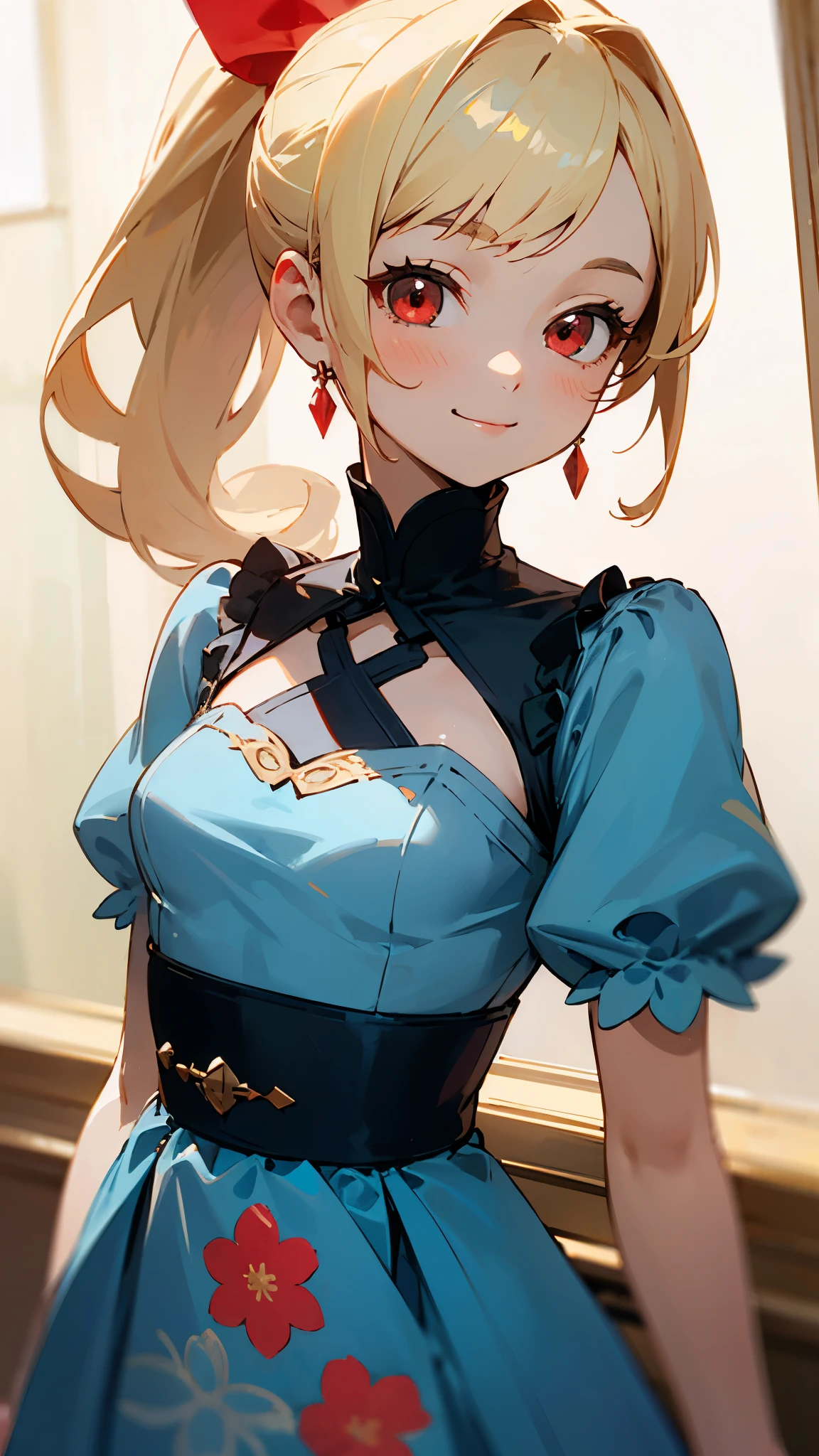 Highest quality、Teenage girl standing in a room、High resolution、Beautiful details、Quiet atmosphere、Small breasts、Blonde ponytail、Round red eyes、Cute Smile、wearing a blue floral dress、Upper body close-up、