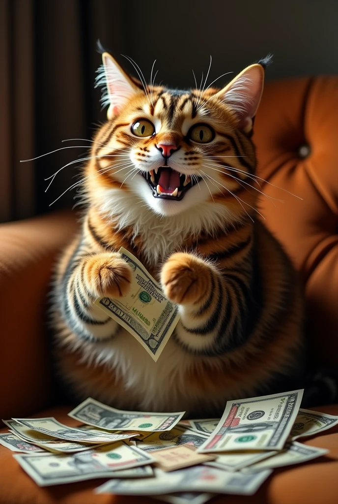 Generate me an ultra realistic adult tabby cat image. Il est en train de compter des billets de banque sur un canapé de luxe. Il y’a beaucoup de billet autour de lui, with flying tickets !  He is very happy and excited ! 