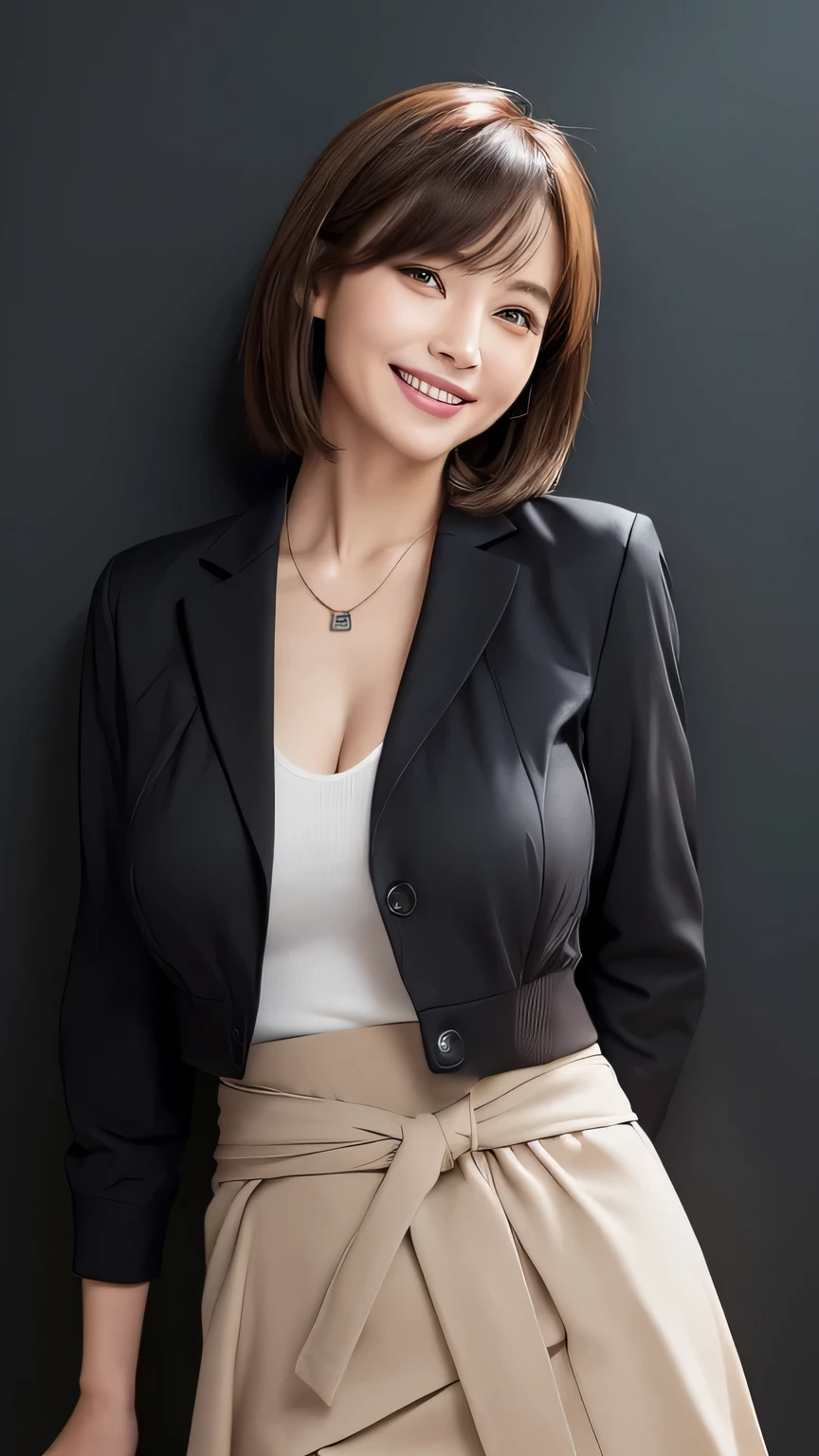 ((Highest quality, 8k, realistic photographic expression、masterpiece: 1.3))、（(Slender body:1.4 )）、(((Beautiful middle-aged woman、45 year old Japanese matomically correct face、charisma)))、(Slim and toned waist:1.3),(((Large breasts that hang down)))、((A lot of brown hair、Unkempt shorthair、bangs))、(())、((Tight black business jacket、skirt))、Perfect Makeup、((A refreshing smile:1.2))、Thin legs, Small face with pointed chin、Rough skin、Long droopy eyes、(Wrinkles around the eyes:1.2)、necklace, (Professional cool lighting:1.3)、(Waist to head:1.2)、cool and simple dark wall background、