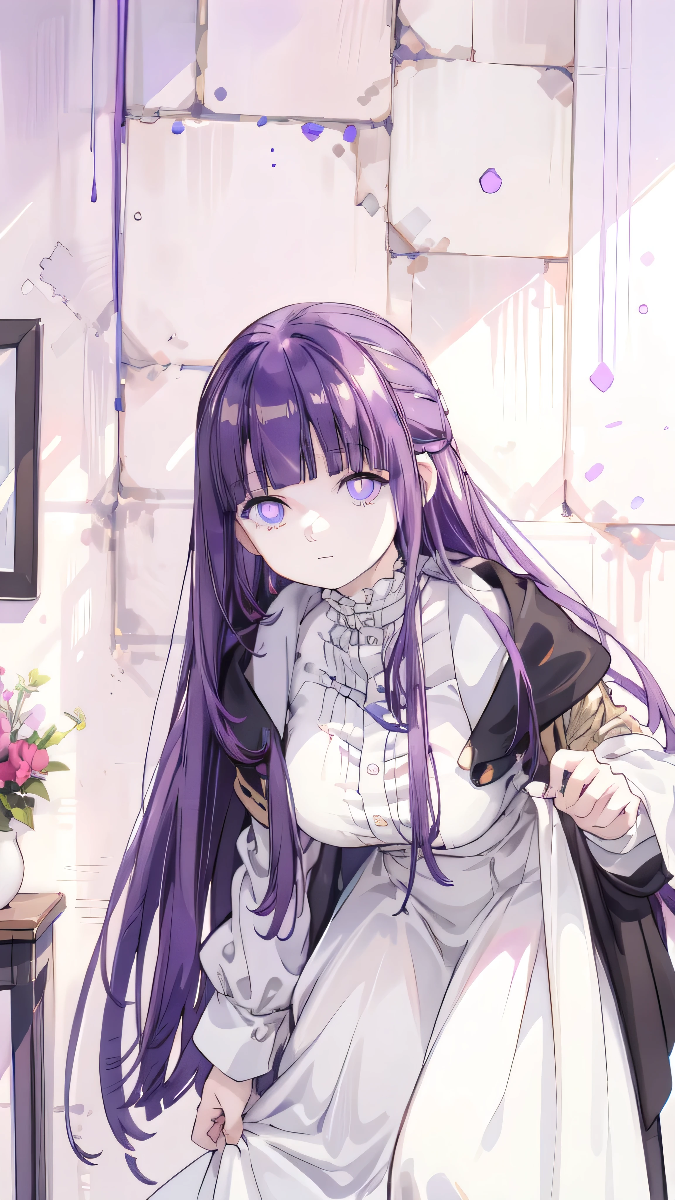 UHD, masterpiece, anatomically correct, super detail, best quality,Fern, 1girl, solo, Fern, Long Hair, bangs, (Purple eyes:1.1), Purple Hair, Side Lock, blunt bangs, (Bright Eyes:1.5), Half Up,Big breast , best quality, masterpiece,,picture in a frame,butt view, glory_wall,(glory wall pose:1.2)