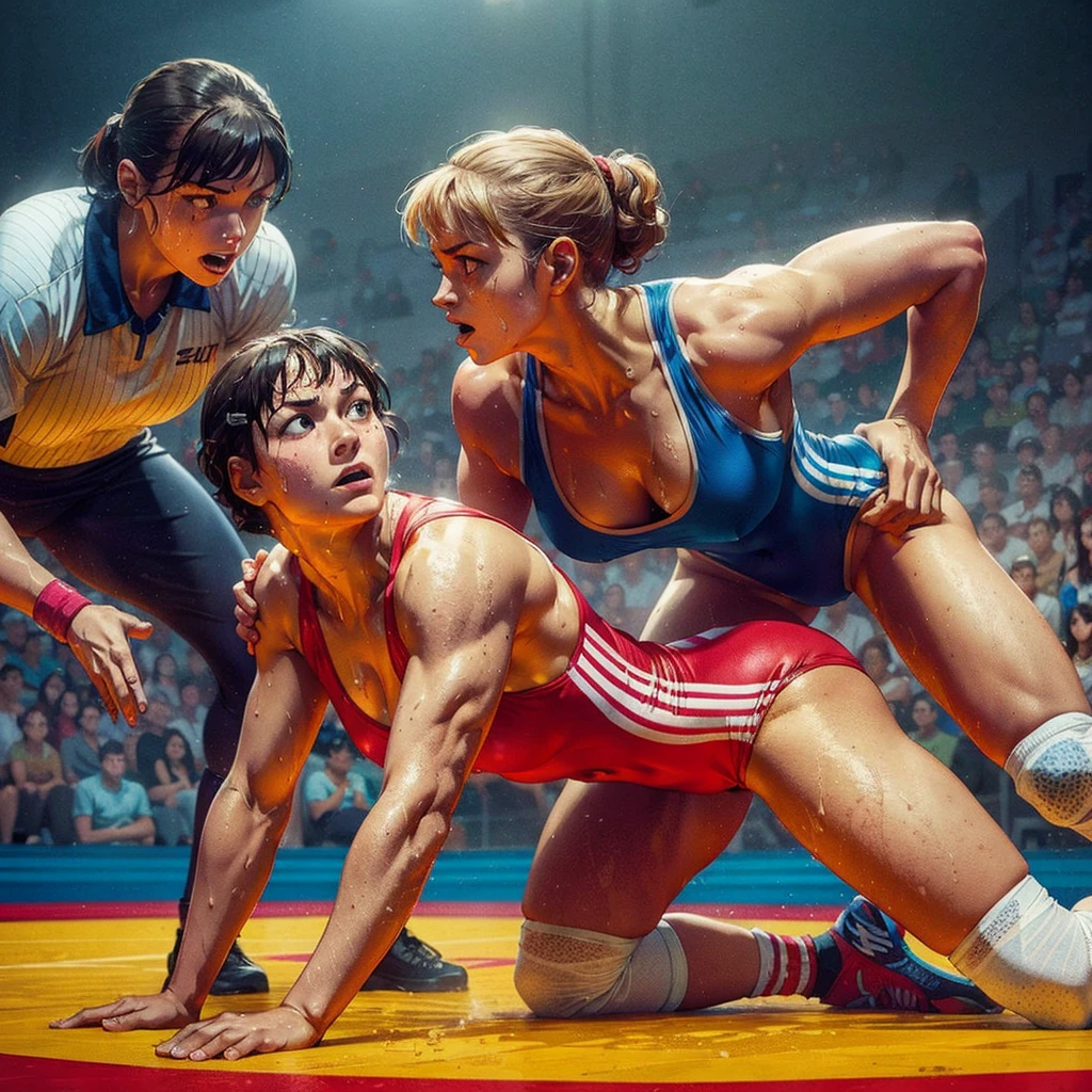 Womens freestyle wrestling, one piece swimsuits, wet sweaty bodies, European faces