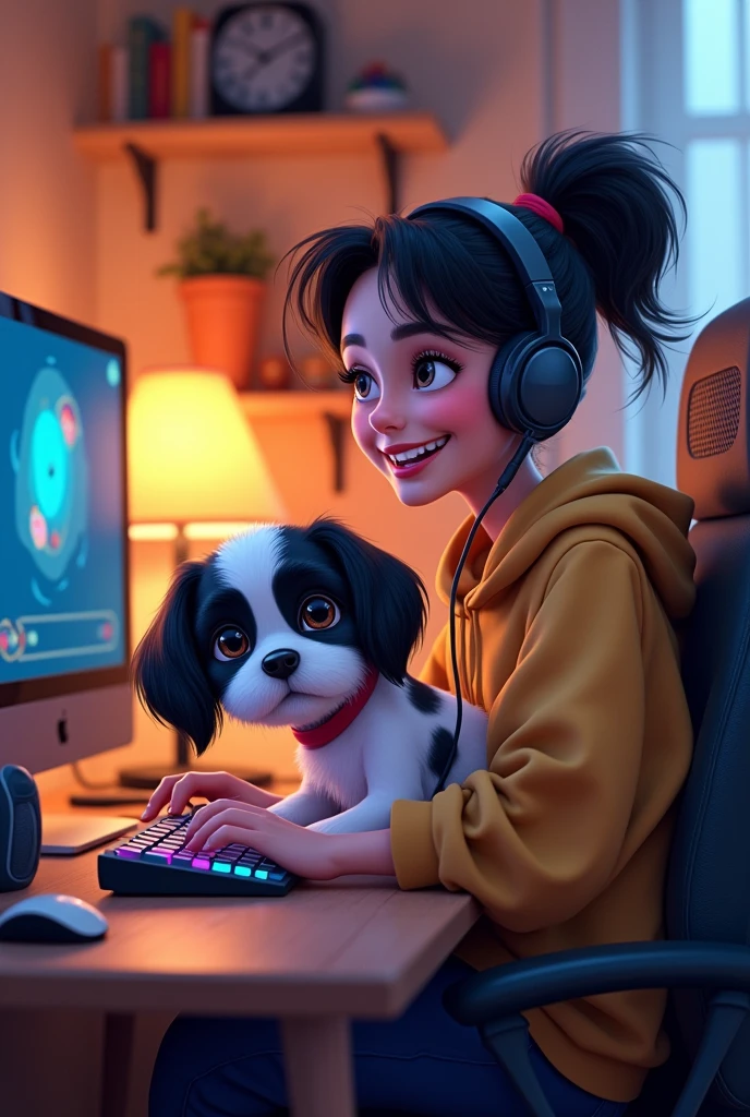 Gamer setup with female gamer playing and smiling with black and white Shitzu on her lap, Disney art