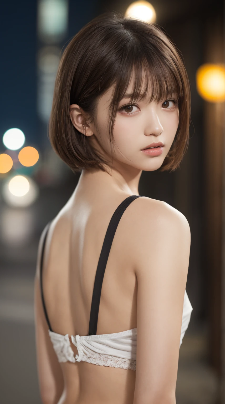 masterpiece, best quality, 8k, raw photo, absurdres, award winning portrait, break, 15yo, teen, solo, short hair, medium breasts, night, park, idol face, uniform, delicate girl, upper body, DSLR, looking at viewer, candid, sophisticated, youthful, thin arms, outdoors, Best sexual lighting powered by famous artist, shiny skin, film grain, chromatic aberration, (detailed eyes and face and breasts:1.0), (bokeh:1.1)