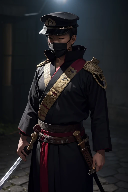 yukata,mask,mascared,military cap,holding sword,male,old,black mantle,cool,black google,